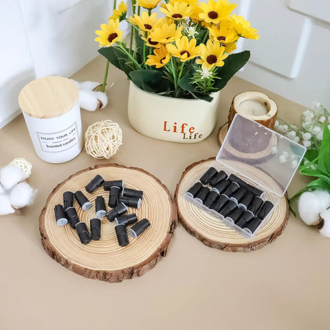 36 Pack Waterproof Wire Nut Connectors For Outdoor Electrical Wiring, black twist-on caps displayed on wooden slices