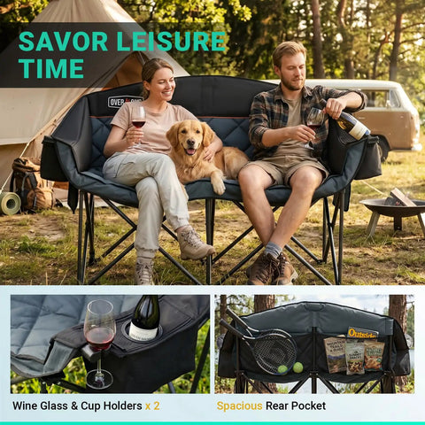 Oversized Double Camping Chair With Portable Folding Frame And Built In Cooler Bag For Two, Plush Cushions For Maximum Cozy Comfort