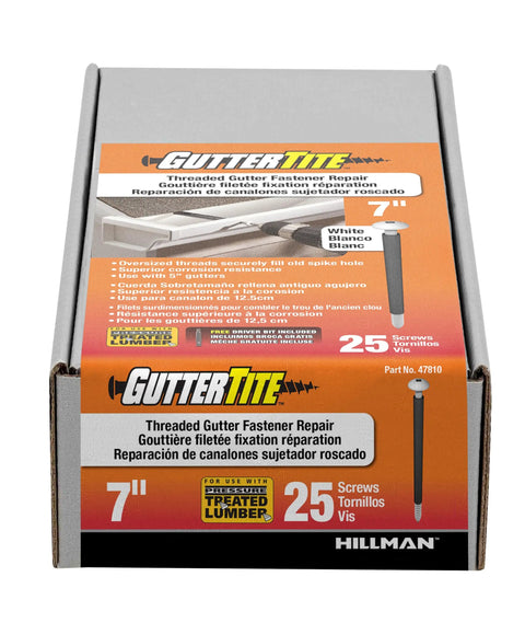Heavy Duty Roofing Hardware Premium White Gutter Screws For Wood Trim And Fascia Planks Five By Seven Inches in packaging.
