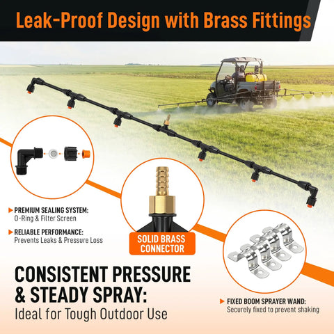 Boom Sprayer Kit For ATV And UTV Tow Behind Sprayers With Wide Coverage Attachment And 6 Nozzles Brass Fittings Display