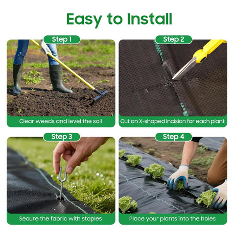 Heavy Duty Weed Barrier Landscape Fabric Made From 100 Percent New Polypropylene Black 3 Foot By 100 Foot Water Permeable Tear Resistant For Gardening Tough As Nails Built To Last And Keeps Weeds Out being installed in garden step-by-step