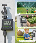 Sprinkler Timer For Garden Hose, No Fuss Programmable Watering Scheduler With Rain Delay, Outdoor Automatic And Manual Drip Irrigation Controller featuring display and settings overview
