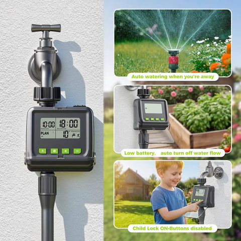 Sprinkler Timer For Garden Hose, No Fuss Programmable Watering Scheduler With Rain Delay, Outdoor Automatic And Manual Drip Irrigation Controller featuring display and settings overview