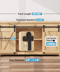 5 Foot Small Sliding Barn Door Hardware Kit on wooden cabinet, shows track, spliced tracks, hangers, and floor guides for double doors.