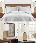 Rattan Style Table Lamps Set Of 2 with linen beige shades, in a bedroom and living room setting, showcasing boho design.