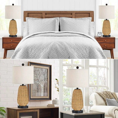 Rattan Style Table Lamps Set Of 2 with linen beige shades, in a bedroom and living room setting, showcasing boho design.