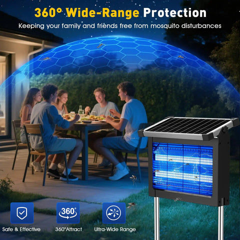 4500V Sun Powered Beast Bug Zapper outdoors waterproof cordless electric fly trap in use on patio with people dining outdoors.