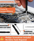 Rock Solid 522 Piece Computer Screws Kit Featuring M3 Hex Fasteners And Standard Six Thirty Two Bolts For Motherboard Standoffs M2 SSD Mounting Hardware Sweet PC Builds showing PH0 screwdriver with non-slip grip.