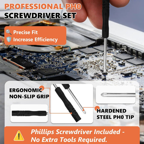 Rock Solid 522 Piece Computer Screws Kit Featuring M3 Hex Fasteners And Standard Six Thirty Two Bolts For Motherboard Standoffs M2 SSD Mounting Hardware Sweet PC Builds showing PH0 screwdriver with non-slip grip.