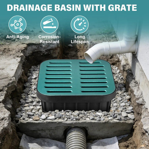 15.75 Inch Square Catch Basin With Grate And Debris Basket No Pre Cut Openings Outdoor Drain Box For Downspout Runoff Lawn Patio
