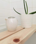 Hinoki Tub Bench Small For Bathroom Must Have with plant and teapot, sturdy Japanese cypress wood, compact 27.25 inches