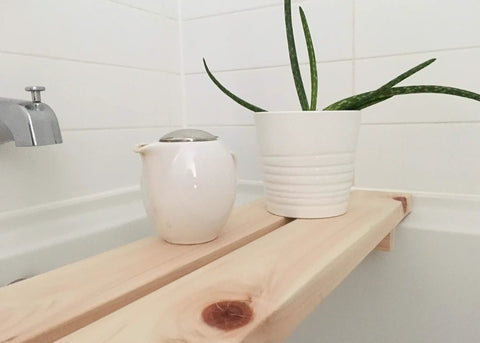 Hinoki Tub Bench Small For Bathroom Must Have with plant and teapot, sturdy Japanese cypress wood, compact 27.25 inches