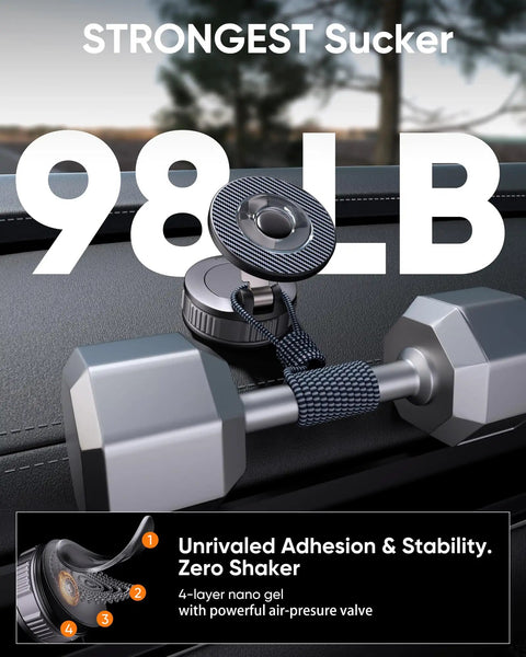 Dope Magnetic Car Phone Holder With 360 Degree Rotation And Ultra Strong Suction Mount holding a dumbbell on a dashboard