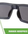 Close-up of Crossfire Cumulus Premium Safety Eyewear with aluminum gray frame, smoke lenses, and soft rubber nose piece.