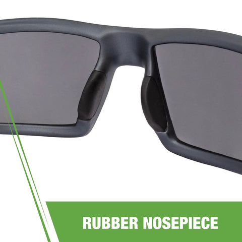 Close-up of Crossfire Cumulus Premium Safety Eyewear with aluminum gray frame, smoke lenses, and soft rubber nose piece.
