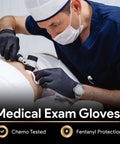 Side view of clinician wearing black nitrile gloves (large, 6 mil) during a medical exam with a handheld instrument.