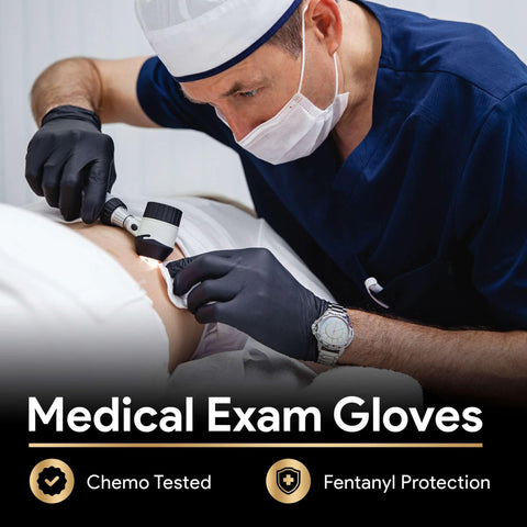 Side view of clinician wearing black nitrile gloves (large, 6 mil) during a medical exam with a handheld instrument.