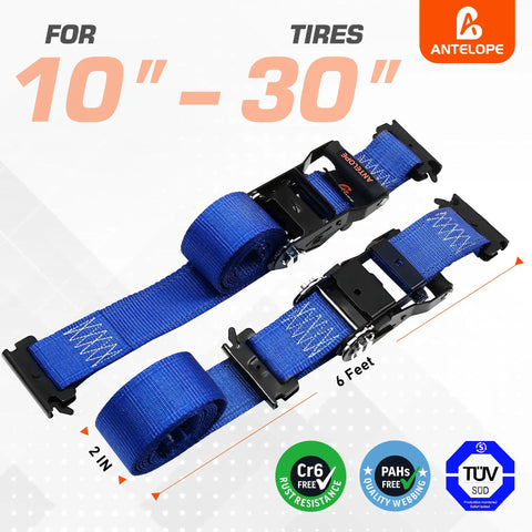 Beefy Heavy Duty Wheel Chock And Tie Down Kit With 4400Lb Break Strength Trailer Tire Straps, blue 6 ft E-track straps shown
