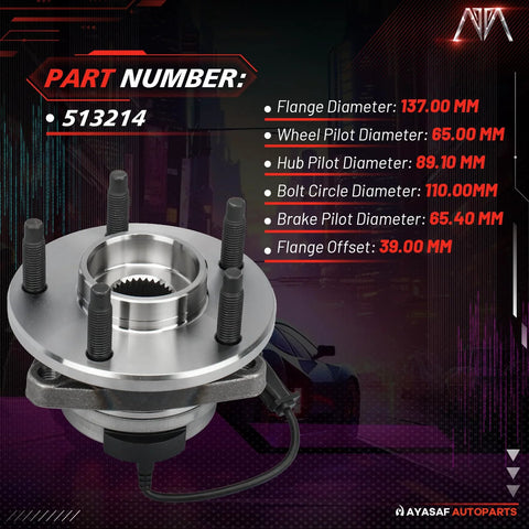 Front Wheel Hub And Bearing Assembly With ABS Direct Fit 2 Pack For 2006 2012 Chevy Malibu, 2005 2010 Pontiac G6, image showing part number 513214 and dimensions
