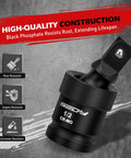 Flexible Universal Joint Socket Swivel Set Three Piece One Half Inch One Quarter Inch Three Eighth Inch Premium CR MO Steel Wobble Adapters With Black Coating For Heavy Duty Tough Tasks close-up
