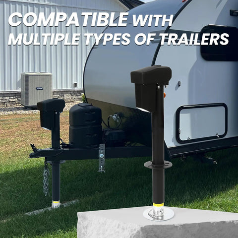 Beefy 12V Tongue Jack 4000 Lb A Frame Trailer Jack With 18 Inch Travel Drop Foot LED Light 6 Inch Adjustable Footpad in use