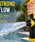 Heavy Duty Cordless Stick Water Transfer Pump With Brushless Motor Delivering 740 GPH Flow Rate And A 33 Foot Max Lift demonstrating strong water flow from spout.
