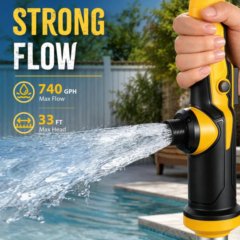 Heavy Duty Cordless Stick Water Transfer Pump With Brushless Motor Delivering 740 GPH Flow Rate And A 33 Foot Max Lift demonstrating strong water flow from spout.