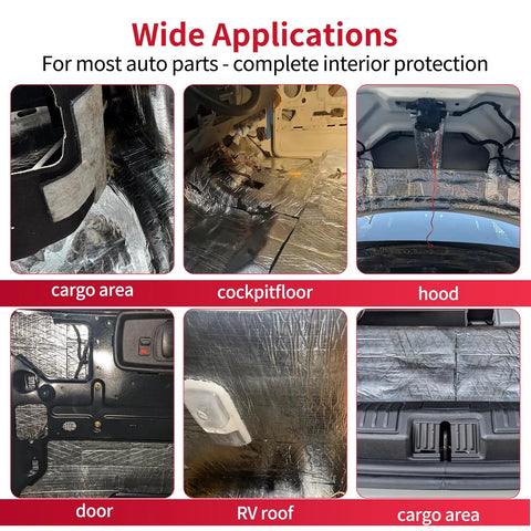 Wide applications of Pro Grade Auto Sound Deadening Mat With 3 Layer Thermal Foil Foam Insulation for various car parts.