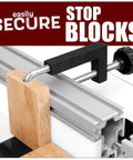 Heavy Duty Aluminum Universal Fence Clamps Two Pack Killer Grip Stop Blocks clamping wooden block on workshop jig.