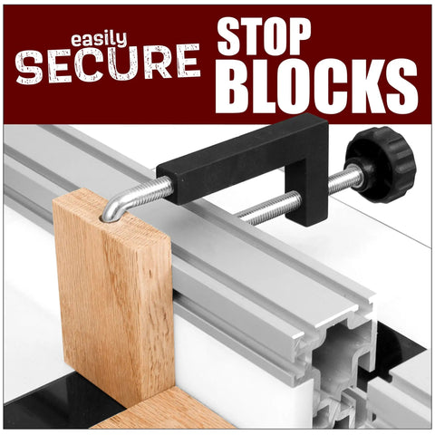 Heavy Duty Aluminum Universal Fence Clamps Two Pack Killer Grip Stop Blocks clamping wooden block on workshop jig.