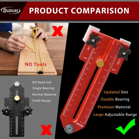 Must-Have Thin Rip Jig For Table Saw And Router Table comparison showing red and black models, updated slot, double bearing.
