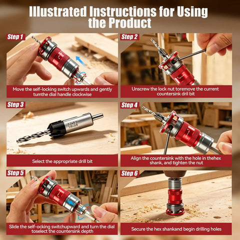 Illustrated instructions for the 14 Piece Countersink Drill Bit Set With Self Locking Quick Adjust Depth Tct Steel Hss Bits.