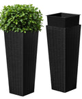 Front view of Resin Tall Planters For Outdoor Plants Set Of 2 Large Tapered Flower Pots With 4 Drainage Holes, Black 24 Inch