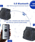 Two Pack Solar Powered Rock Speakers With Lit RGB Lights IP44 Water Resistant Outdoor Speakers For Patio Pool Party Yard Garden USB Rechargeable And USB Charging shown with Bluetooth pairing capability and surround sound