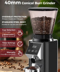 Premium Home Barista Combo Loaded With A 58Mm Commercial Style Espresso Maker And Precision Conical Burr Grinder For Killer Espresso Pulls And Hella Rich Crema Every Morning 40mm conical burr grinder with stainless steel body and coffee beans.
