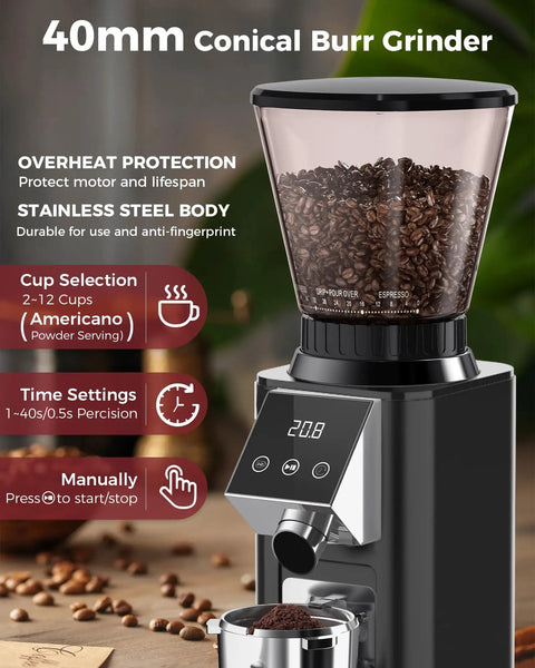 Premium Home Barista Combo Loaded With A 58Mm Commercial Style Espresso Maker And Precision Conical Burr Grinder For Killer Espresso Pulls And Hella Rich Crema Every Morning 40mm conical burr grinder with stainless steel body and coffee beans.