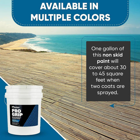 Heavy Duty Rubberized Non Slip Spray Coating in a bucket with wooden deck backdrop by the ocean, covers 30-45 sq ft.