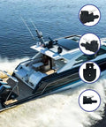 Boat on water with insets showing 3/8 Inch Fuel Line Connector for OMC Johnson Evinrude Outboard Engines, nylon build detail.