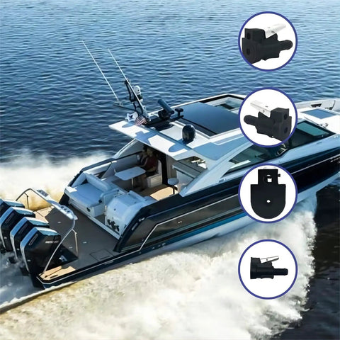 Boat on water with insets showing 3/8 Inch Fuel Line Connector for OMC Johnson Evinrude Outboard Engines, nylon build detail.