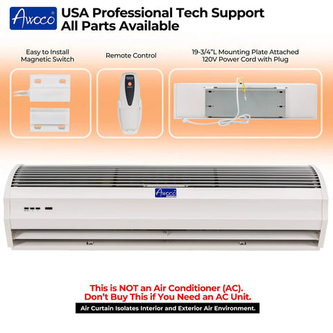 36 Inch Slim Indoor Air Curtain FM-1209T Delivers 1100 CFM Of Power With Quiet Operation, Includes Remote, Magnetic Switch, 120V