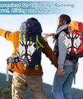 Two people hiking with Elastic Silicone Shoe Holster With Backpack Clips For Hanging Sneakers Boots Cleats Or Gear On Your Backpack