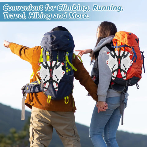Two people hiking with Elastic Silicone Shoe Holster With Backpack Clips For Hanging Sneakers Boots Cleats Or Gear On Your Backpack