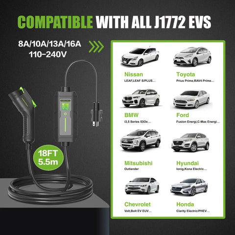 Level 2 Portable EV Charger 16A 240V With NEMA 6-20 Plug, 18 Ft Cable, LCD Screen, J1772 Compatible for multiple car brands