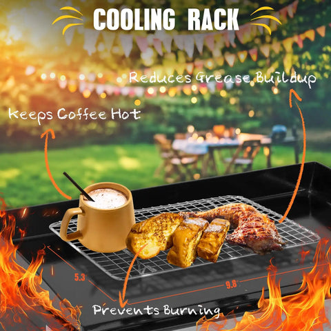 33Piece Griddle Accessories Kit For Blackstone Flat Top Grill includes cooling rack with coffee, toast, and meat outdoors