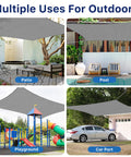 10X13 Sun Shade Sail With UV Protection For Outdoor Patio Garden And Deck Curved Tear Resistant Heavy Duty Shade For Backyard Car Port And Play Area In Gray shown over various outdoor spaces: patio, pool, playground, and car port.