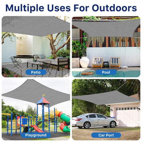 10X13 Sun Shade Sail With UV Protection For Outdoor Patio Garden And Deck Curved Tear Resistant Heavy Duty Shade For Backyard Car Port And Play Area In Gray shown over various outdoor spaces: patio, pool, playground, and car port.