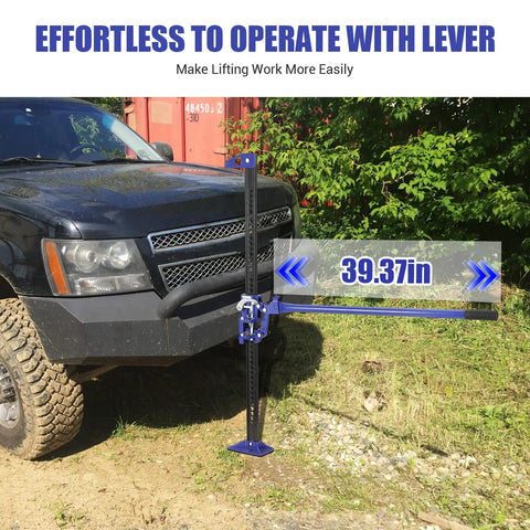 48 Inch Utility Farm Jack 6600 Lb High Lift Ratcheting Off Road Jack lifting SUV bumper on rough terrain