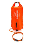 Swim Buoy For Open Water Swimmers With Adjustable Waist Belt Waterproof 28L Dry Bag Floating Safety Gear in bright orange.