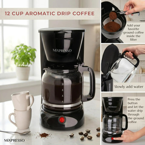 12 Cup Drip Coffee Maker With Auto Off And Reusable Filter, Borosilicate Glass Carafe on kitchen counter with coffee cups