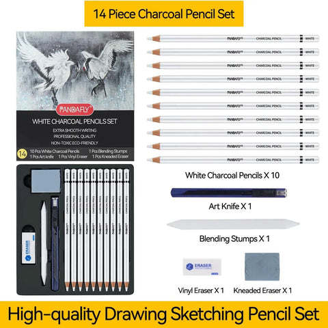 14 Piece White Charcoal Pencil Set For Drawing And Sketching with art knife, erasers, blending stumps, and non-toxic materials